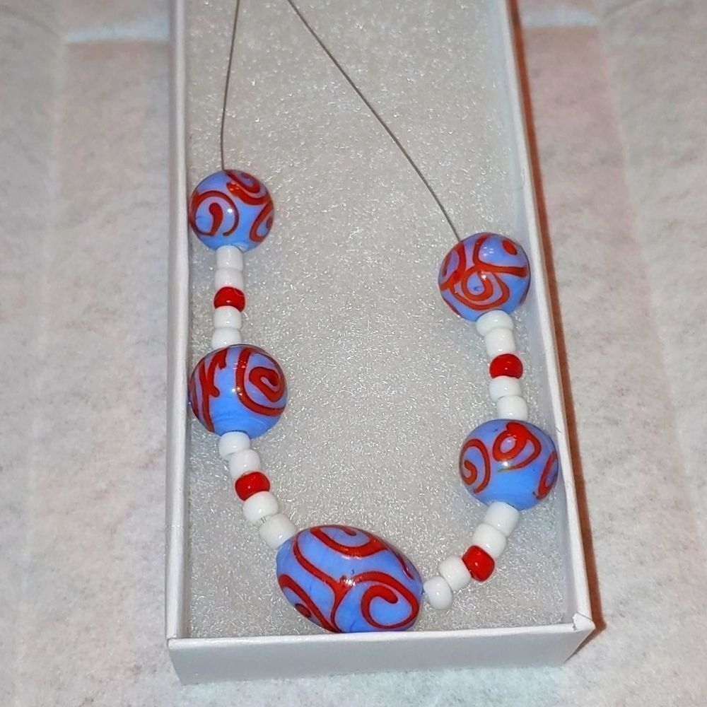 HANDMADE Blue Round Glass w/ Red Design beads with Red/White Seed Beads Necklace